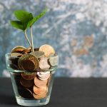 A plant growing out of a vase filled with coins.